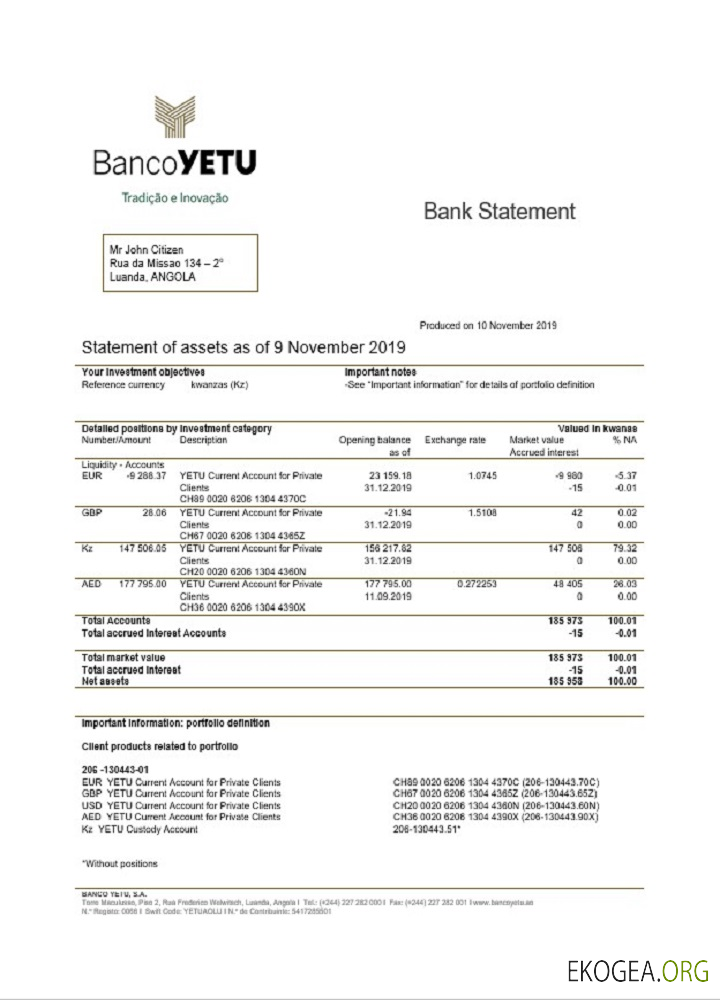 Relevé bancaire Angola Banco Yetu